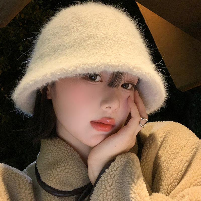 白色针织兔毛渔夫帽女2025新款潮