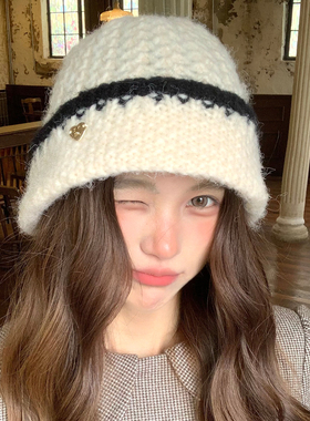 高级感白色针织毛线帽女秋冬季保暖显脸小大头围复古韩系包头帽子