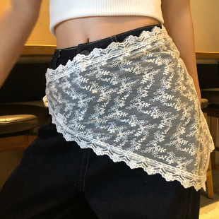 白色网纱蕾丝碎花边屁帘女生叠穿高级感外搭遮屁股腰饰丝巾三角巾