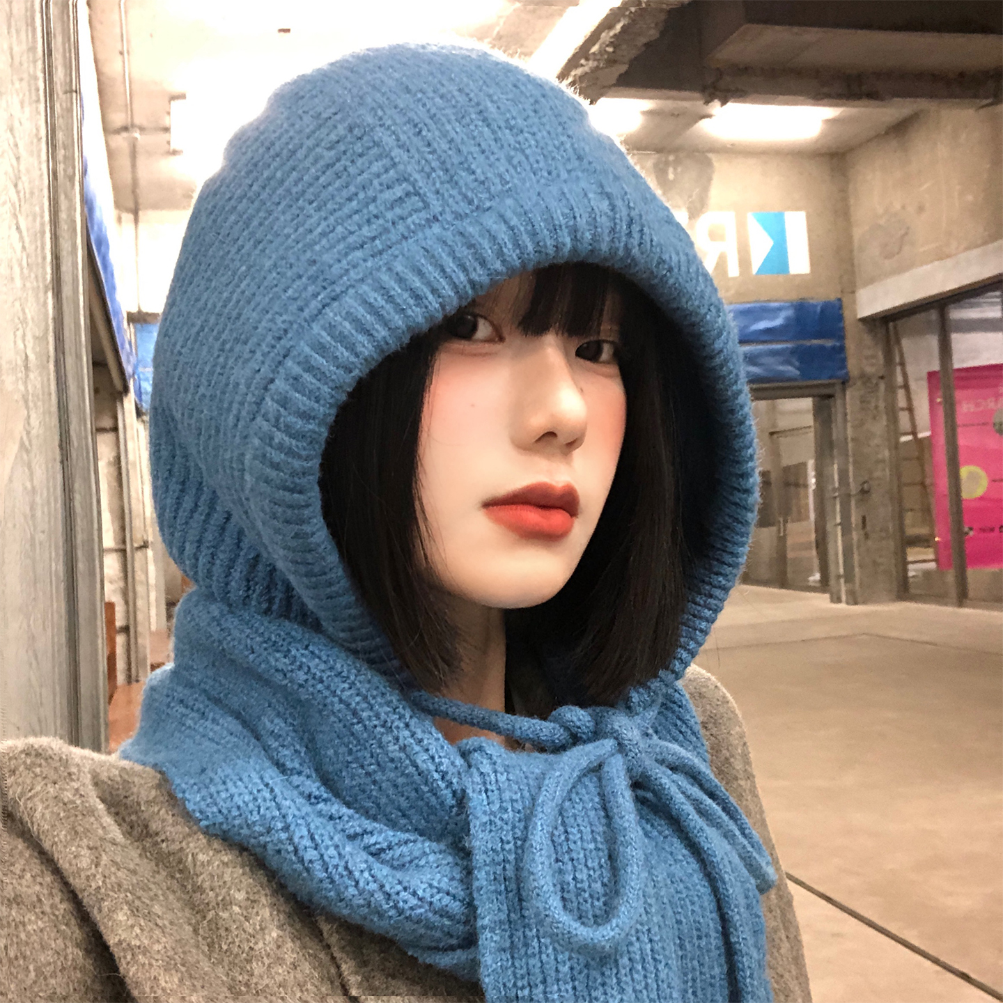 蓝色巴拉克拉法帽女秋冬季细绳连帽加厚保暖毛线针织帽子围巾一体