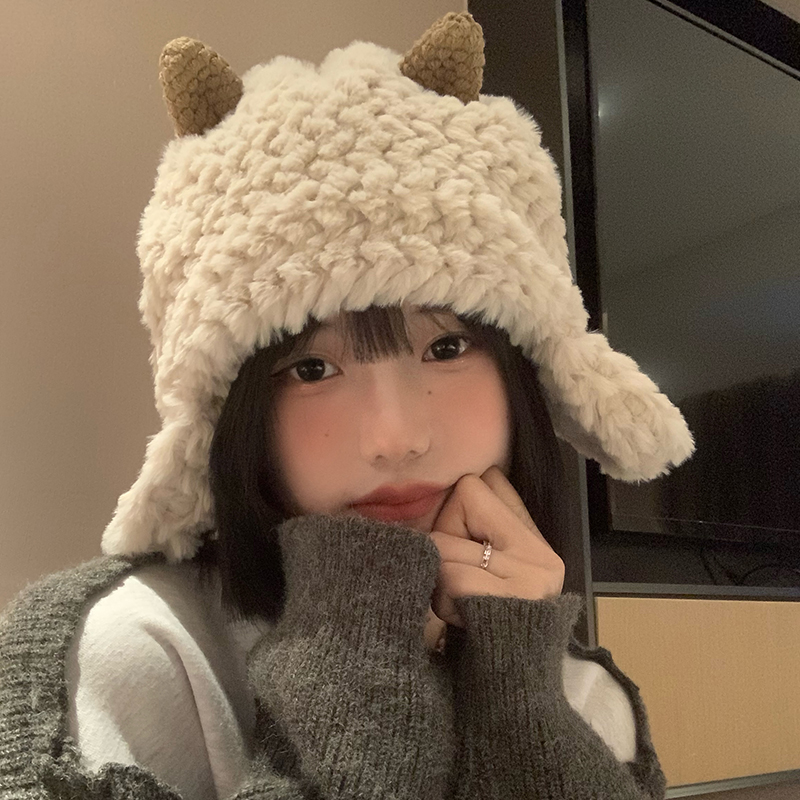 韩版可爱毛绒小羊护耳帽子
