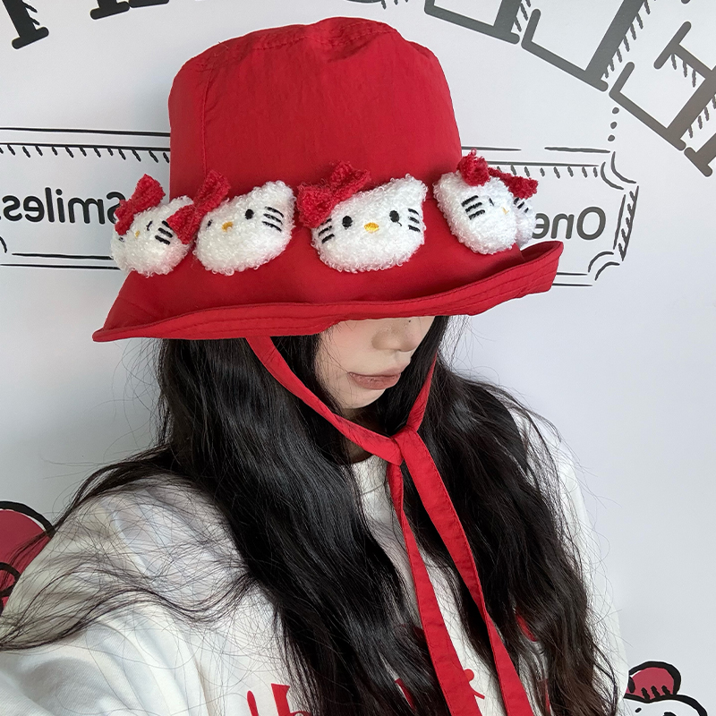 y2k可爱Kitty猫红色渔夫帽子女春