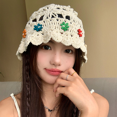 民族风手工钩织花朵针织帽子女夏