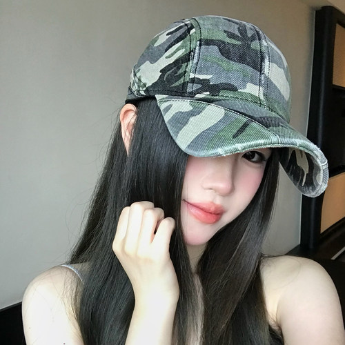 水洗做旧迷彩大头围棒球帽女美式