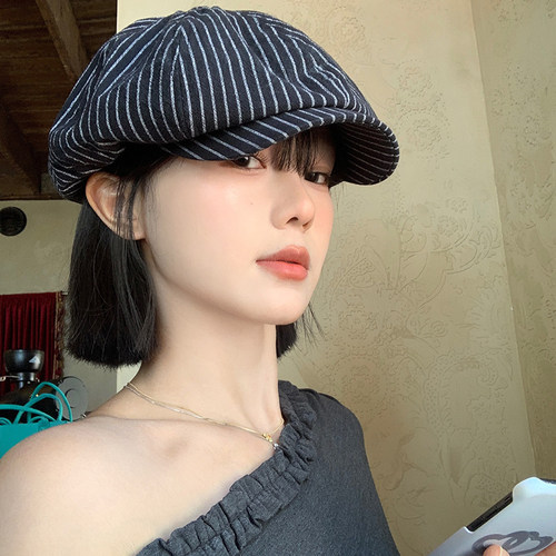 日系复古条纹文艺贝雷帽子女透气