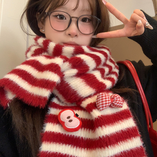 红色条纹蝴蝶结苹果毛绒针织围巾女秋冬季学生加厚氛围感防寒围脖