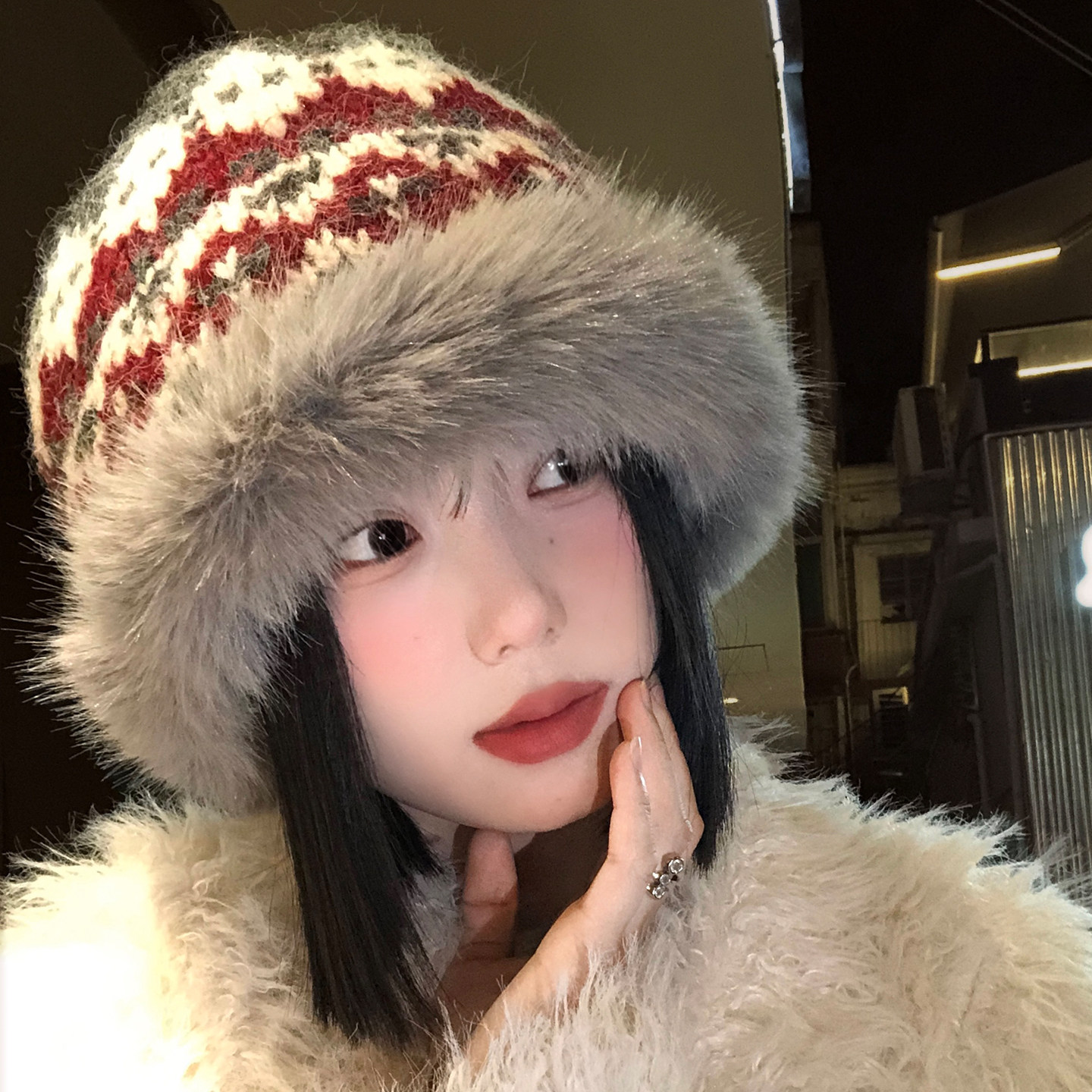 复古费尔岛提花毛绒针织帽子女士冬季加厚保暖渔夫帽护耳防寒盆帽