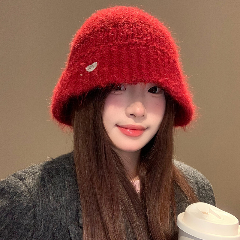 红色针织渔夫帽女2025新款冬季