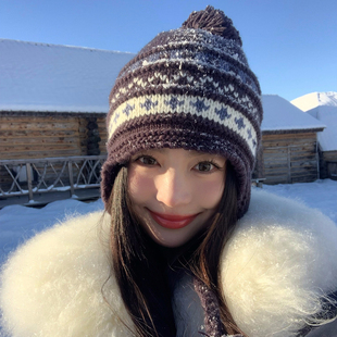 费尔岛针织毛线帽女秋冬加绒加厚东北防寒保暖帽子骑车护耳雷锋帽