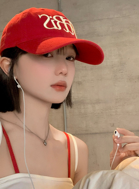 韩版ins字母刺绣红色棒球帽女春夏季宽帽檐大脸显脸小鸭舌帽子潮