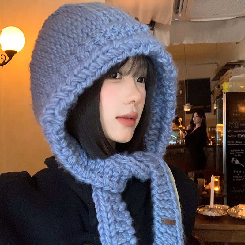 韩系蓝色手工钩织针织毛线帽子女