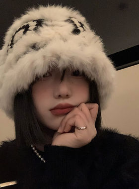 兔毛针织毛绒帽女2025秋冬季新款毛茸茸醒狮渔夫帽显脸小毛线帽子