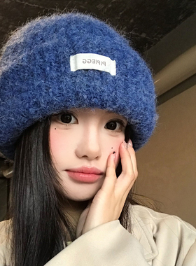 大头围蓝色加厚毛线帽女冬季保暖防寒冷帽显脸小韩系复古针织帽子