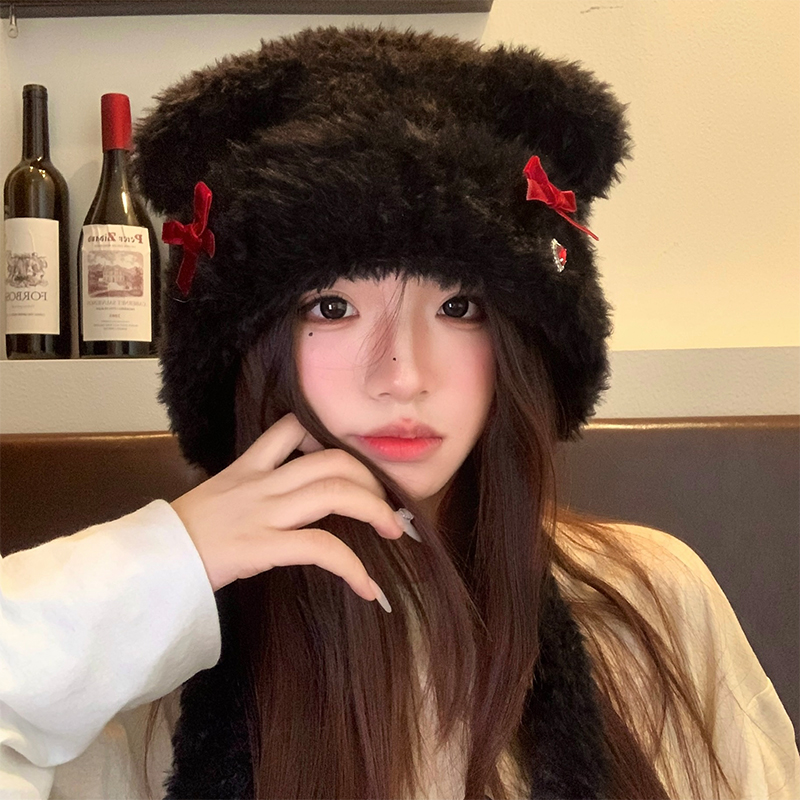 可爱小熊耳朵毛绒帽女2025年秋冬