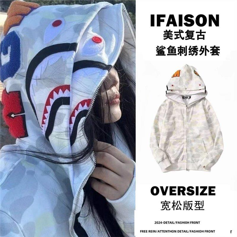 ins双帽鲨鱼潮牌卫衣宽松刺绣迷彩休闲帽衫男女情侣嘻哈猿人外套