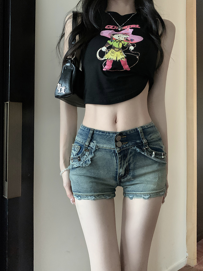 美式辣妹低腰牛仔超短裤女夏季薄款修身显瘦包臀热裤子ins潮铆钉，女装牛仔裤，非凡制衣厂