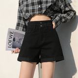 卷边牛仔短裤女夏宽松2024年新款大码胖mm超高腰双扣黑色阔腿热裤，女装牛仔裤，非凡制衣厂