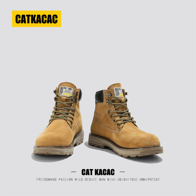 美国CATKACAC美式马丁靴男款秋季高帮真皮厚底增高男士工装大黄靴