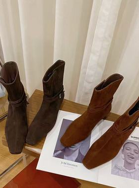 VK定制 欧洲站高档头层牛皮粗跟时尚短靴女9115