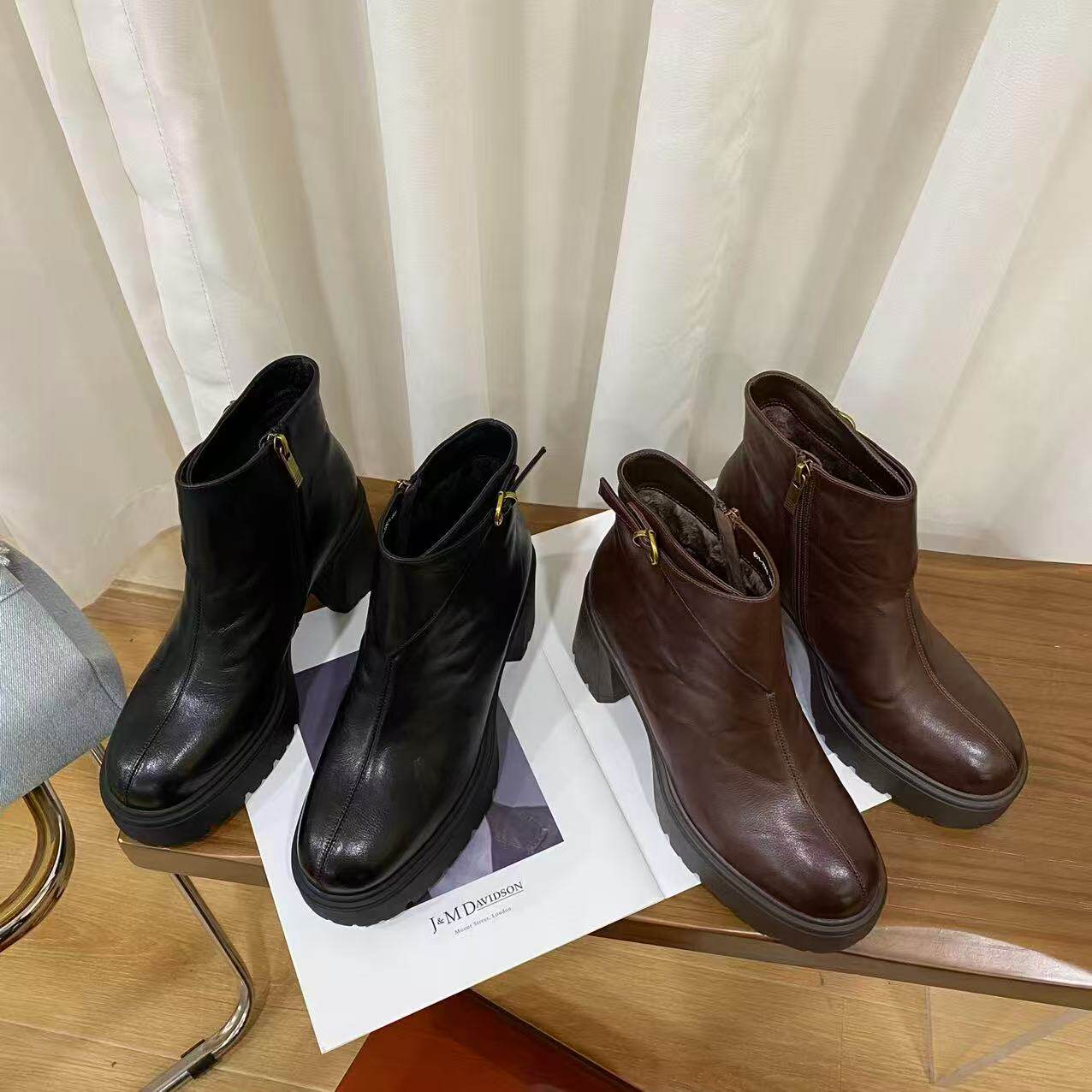 VK定制 欧洲站高档头层牛皮粗跟时尚短靴女,女鞋,时装靴,淘宝优惠券,粉丝福利购,淘宝优惠卷