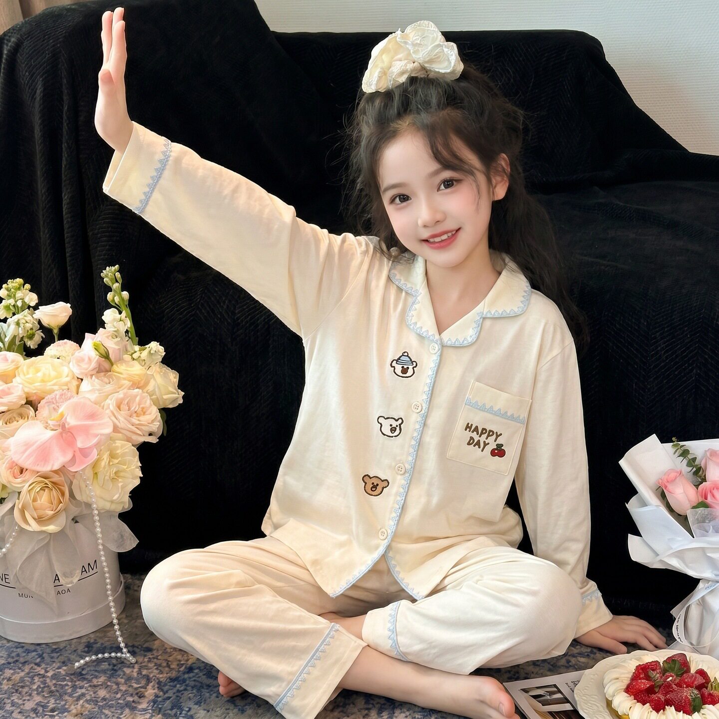 女童纯棉春秋款睡衣套装长袖翻领开衫母女亲子中大童小个子家居服