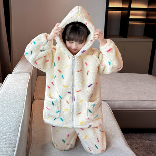 甜美款彩条泡泡绒连帽睡衣女大童秋冬季加绒加厚家居服保暖家居服
