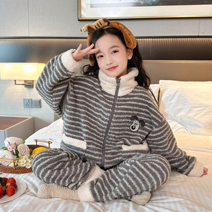保暖套装 儿童半边绒睡衣2025新款 女孩秋冬加绒加厚家居服女童冬季