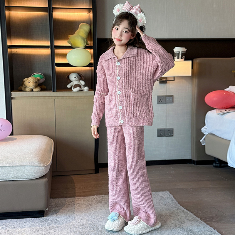秋冬加绒睡衣初中生女童半边绒长袖2025新款大儿童家居服保暖套装