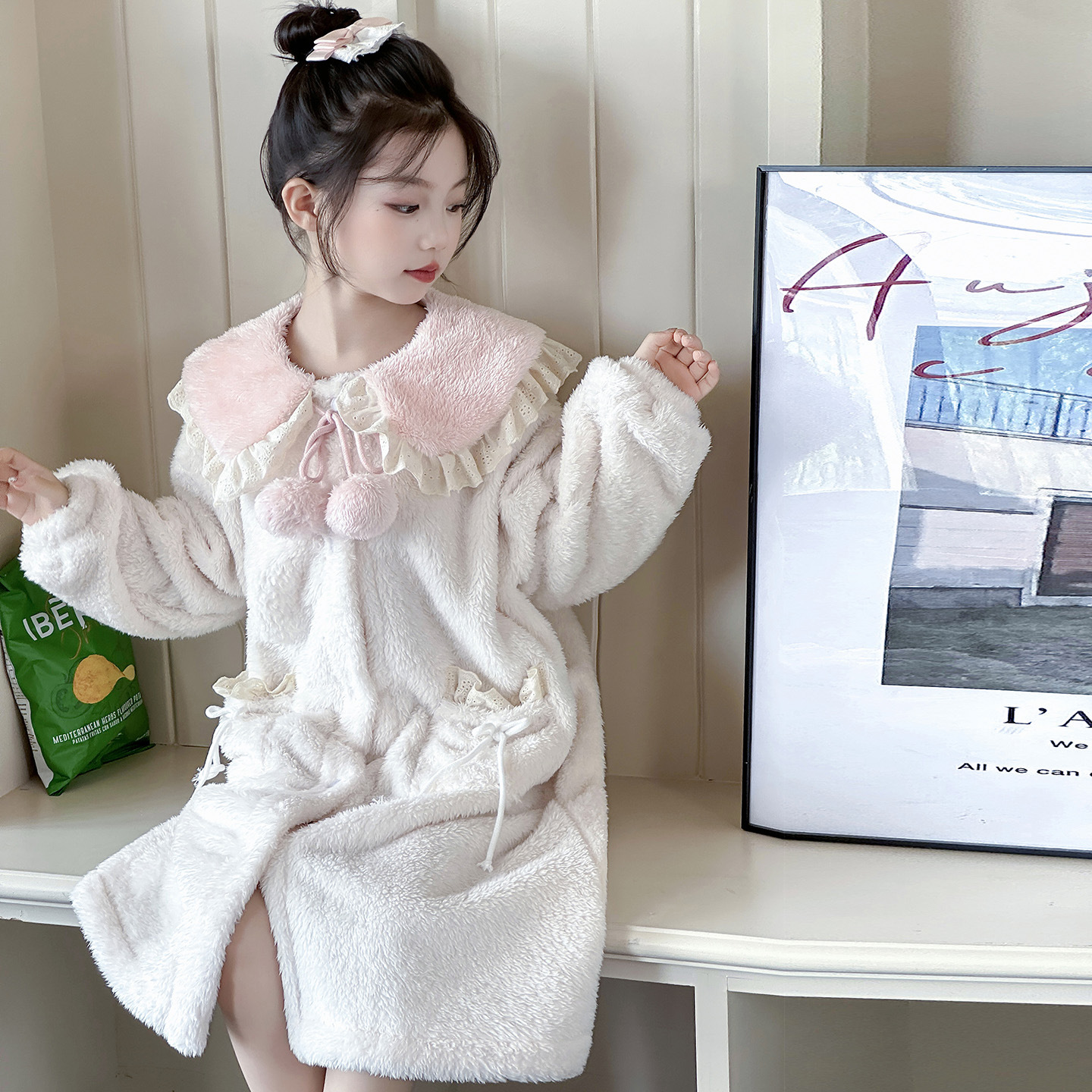 ins高级珊瑚绒睡衣女童冬季新款加厚毛绒居家睡袍套装可外穿睡裙