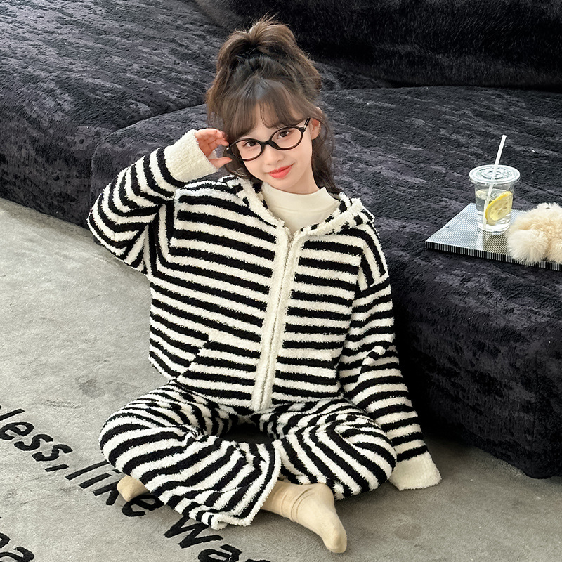 女童秋冬睡衣中大儿童半边绒家居服套装条纹连帽珊瑚绒保暖两件套