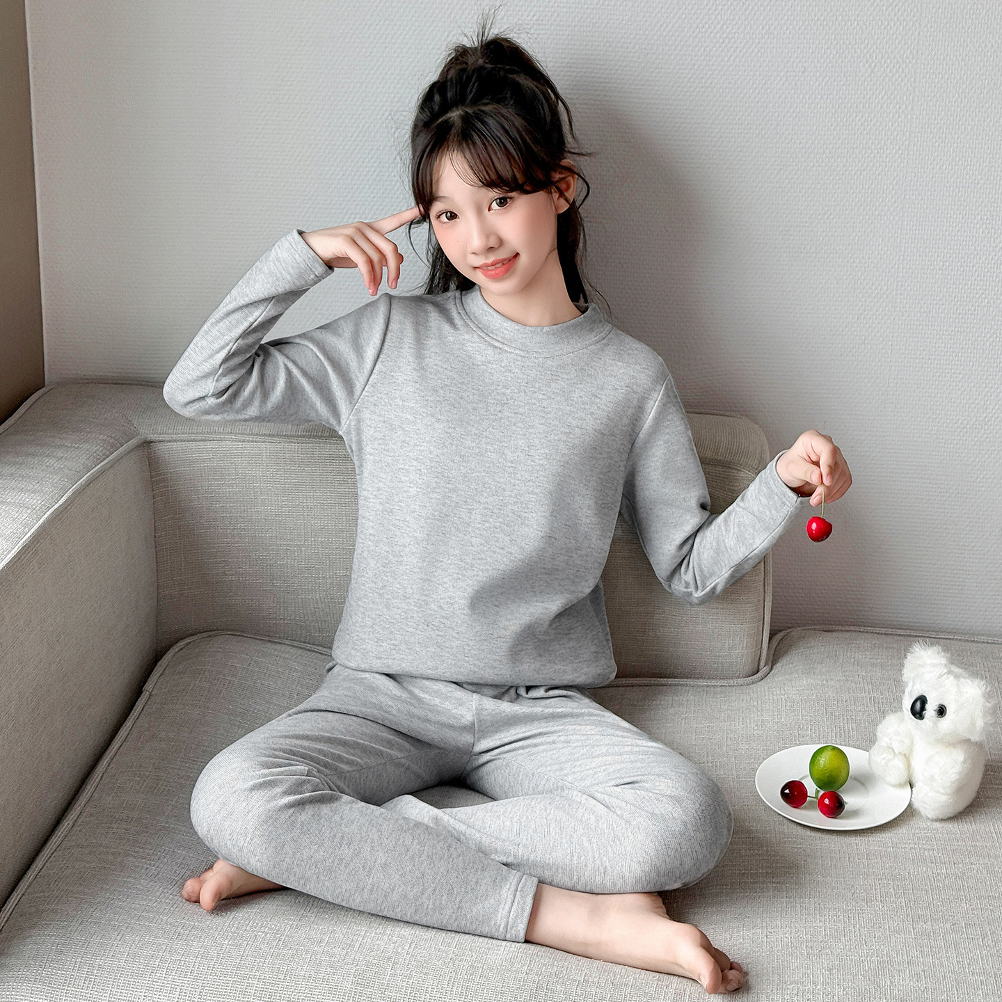 儿童秋冬中领秋衣秋裤套装女童德绒保暖内衣宝宝纯色睡衣两件套