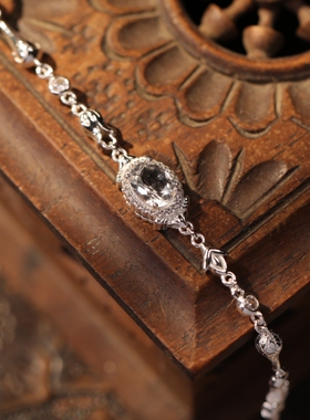 泰姬陵薾曼原创白水晶中古手链女纯银轻奢复古小众手环生日礼物