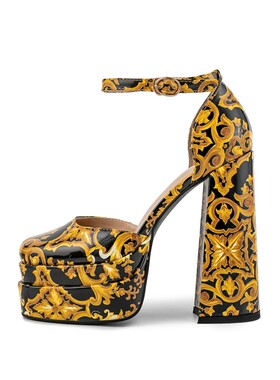 欧美外贸黄色花朵粗跟包头凉鞋防水台一字式扣带包头方头女高跟鞋