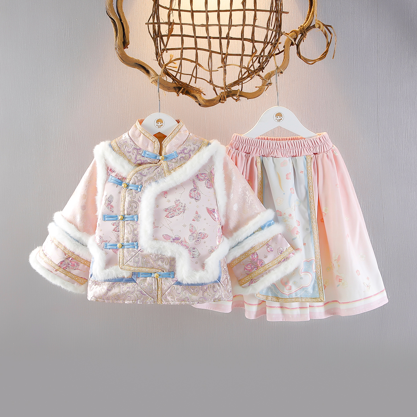 女童汉服套装冬装加绒毛领盘扣格格服国风女宝宝连衣裙拜年服裙套