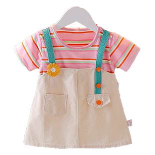 夏季新款女宝宝洋气背带裙1-3岁女童条纹连衣裙韩版2婴儿短袖裙子