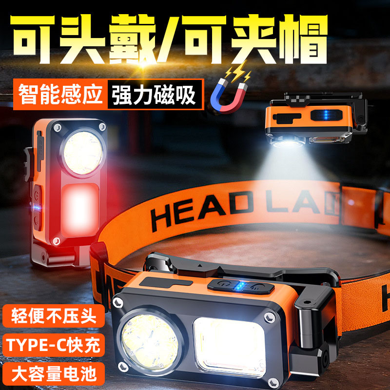 远近双光感应头灯强钓鱼夜钓登山夜跑磁吸充电头戴式夹帽灯360度
