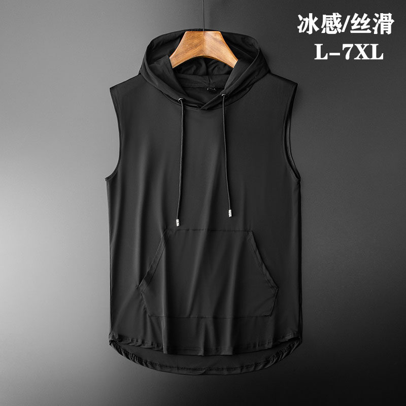 夏季冰丝背心男连帽速干无袖t恤大码运动马甲加肥加大短袖男T轻薄