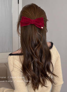 秋冬红色植绒蝴蝶结发夹女2025新款高端后脑勺盘发鸭嘴夹发卡头饰