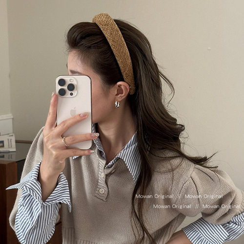 秋冬布艺格纹宽边发箍