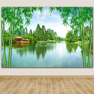 山水风景画客厅卧室墙贴装饰画竹子湖泊亭子青山绿水风水自粘壁画