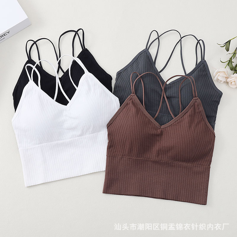 新款无缝螺纹纯色交叉带美背裹胸性感带胸垫聚拢无钢圈吊带内衣