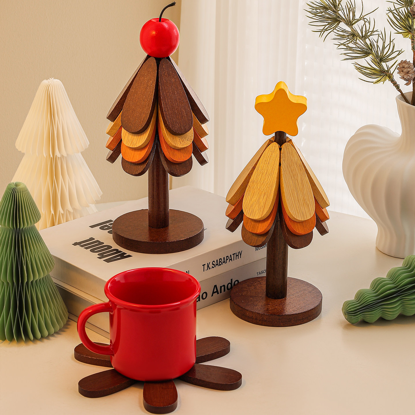 高级感耶诞树隔热垫餐桌摆件创意一棵树实木防烫锅垫折叠杯垫碗垫,家居饰品,装饰摆件,淘宝优惠券,粉丝福利购,淘宝优惠卷