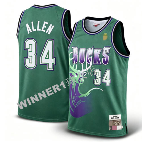 密绣版 雄鹿队34号ALLEN 雷阿伦 AU密绣复古 96-97年绿色网眼球衣