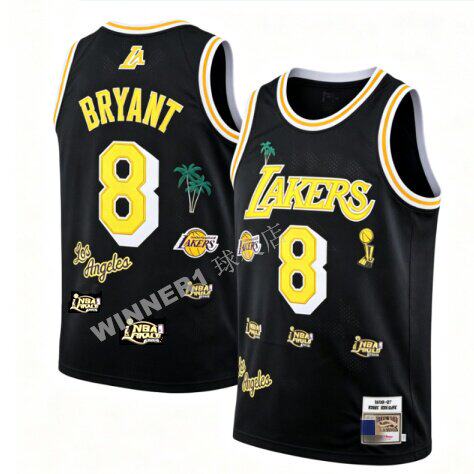 密绣版 洛杉矶湖人8号 KOBE 科比 三连冠荣誉 黑黄色 双层绣 球衣