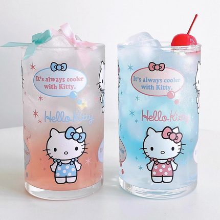 Hellokitty水杯凯蒂猫印花可爱玻璃杯牛奶咖啡杯饮料中古杯直筒杯