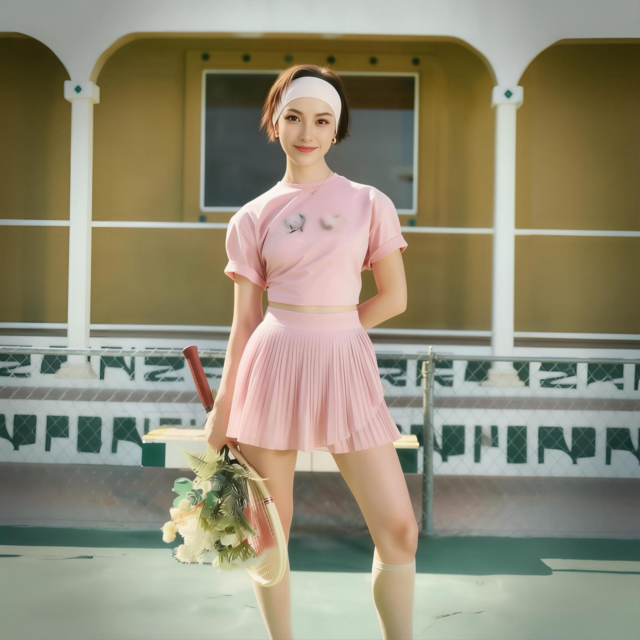 PARFOIS女士网球裙双层百褶速干纱纱裙一体式打底裤4袋仓运动半裙