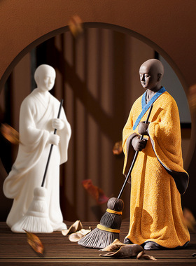 创意扫地僧陶瓷小和尚摆件中式书房办公室禅意桌面装饰工艺品摆设