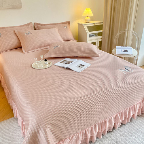 夏季凉感豆豆席冰丝凉席三件套床裙式床盖花边加厚可机洗空调软席