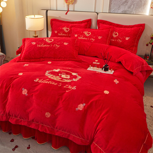 结婚庆红色婴儿绒四件套床盖款牛奶珊瑚绒双面绒被套加厚高端冬季