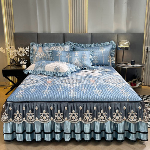 欧式高档乳胶凉席三件套床裙款夏天冰丝床罩可水洗折叠空调凉席夏